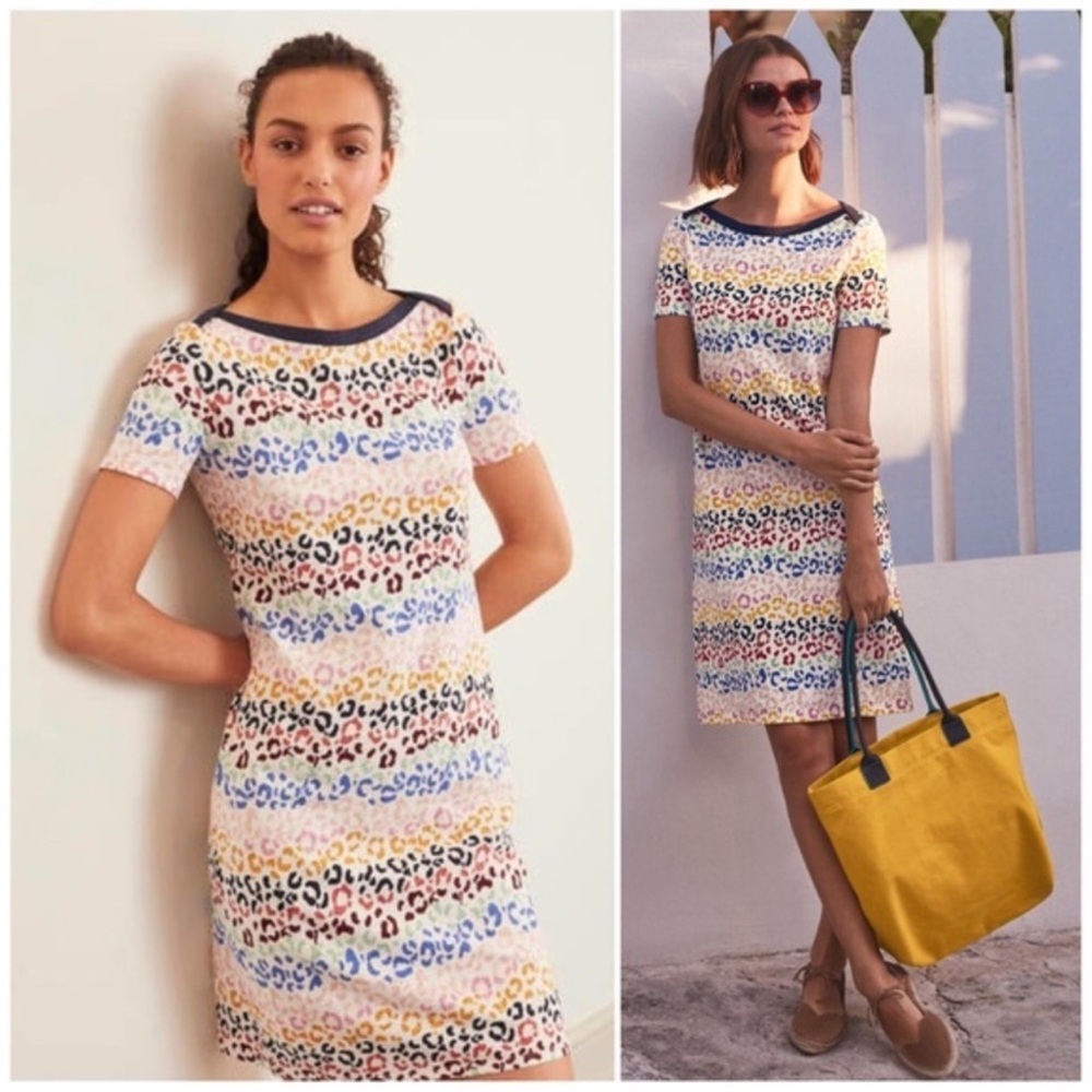 Boden Georgia Jersey T-shirt Dress in Ivory Rainbow Leopard SZ 10R